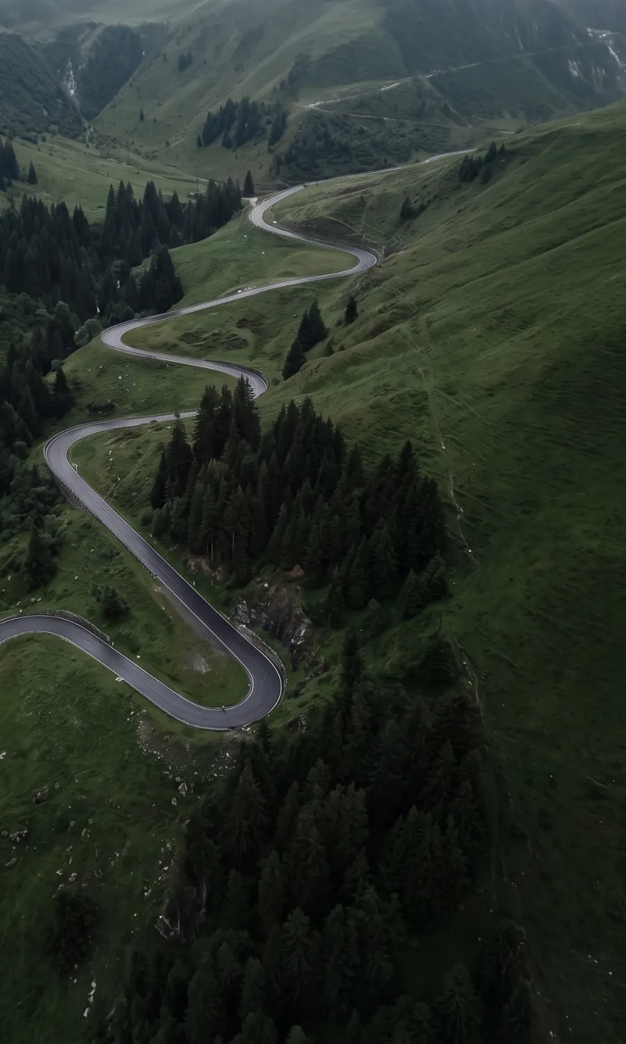 A pass road switchbacking down a green alpine hillside, seen from above.