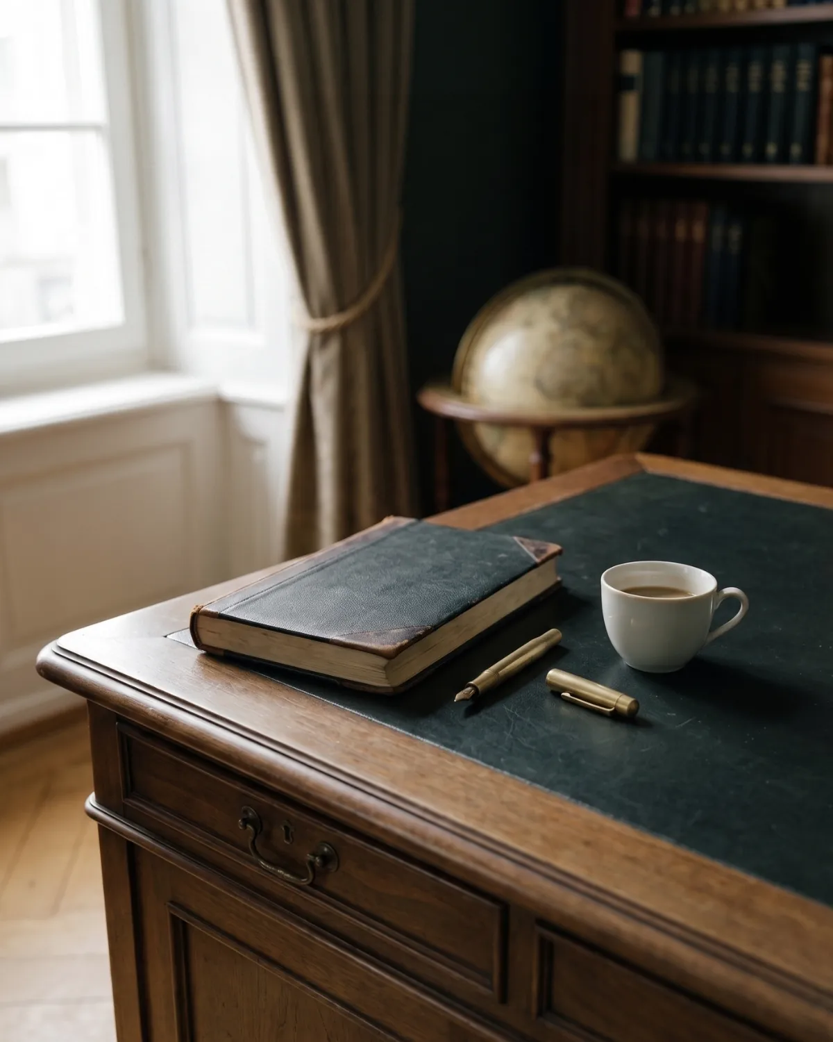 An antique wooden desk with a green leather top, a leather-bound book, a fountain pen and a cup of coffee, a globe and bookcase behind.